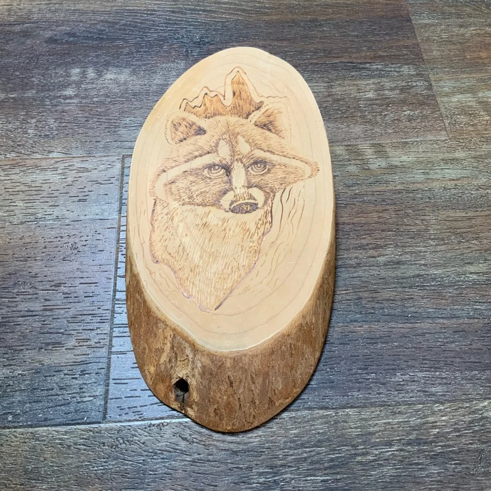 Raccoon wall sculpture burn etched wood slab plaque